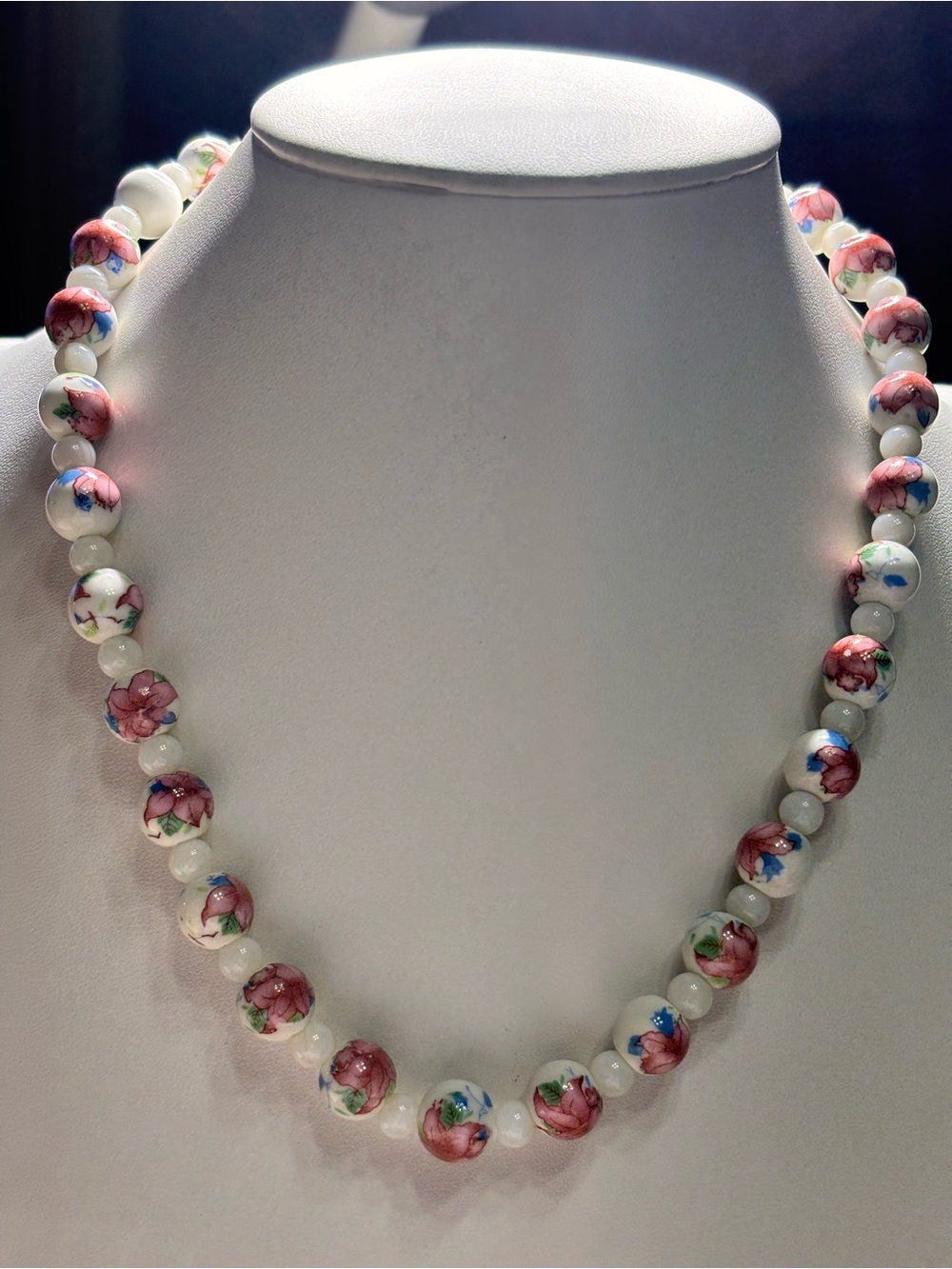 Handmade Pink Floral Beaded Necklace accented with Mother of Pearls 18 inches